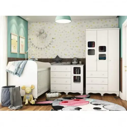 Quarto de Bebê Completo com Cômoda Guarda Roupa com Janela e Berço 100% MDF Uli Móveis Peroba Branco Brilho