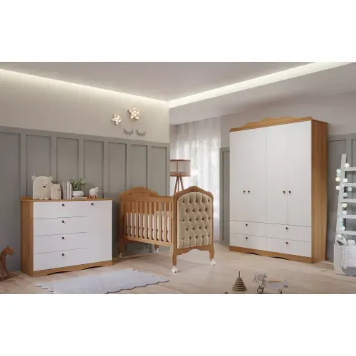 Quarto de Bebê 3 Peças com Berço Capitonê Cômoda 4 Gavetas e Guarda Roupa 4 Portas 4 Gavetas Aquarel Nature/Branco