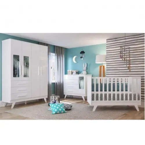 Quarto de Bebê Completo com Guarda Roupa com Janela Cômoda e Berço 100% MDF Kakau Retrô Espresso Móveis Branco Brilho