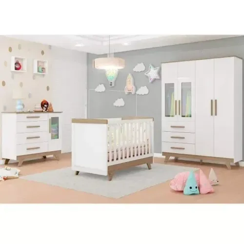 Quarto de Bebê Completo com Guarda Roupa com Janela Cômoda e Berço Kakau Espresso Móveis Branco Brilho/Carvalho