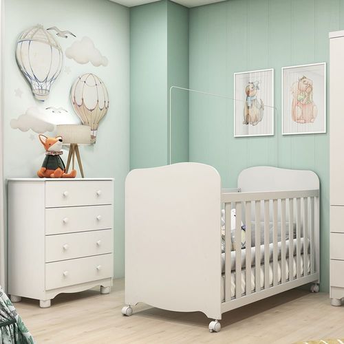 Quarto de Bebê com Berço Mini Cama e Cômoda 4 Gavetas 100% MDF Mimo Móveis Peroba Branco Brilho