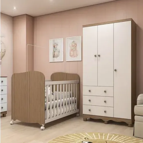 Quarto de Bebê com Berço Mini Cama e Guarda Roupa 3 Portas 100% MDF Mimo Móveis Peroba Branco Brilho/Carvalho