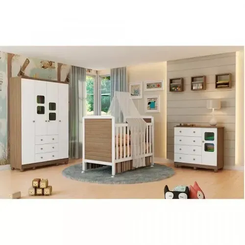 Quarto de Bebê Completo com Guarda Roupa Cômoda com Janela e Berço Mini Cama 100% MDF Ciranda Móveis Peroba Branco Brilho/Carvalho