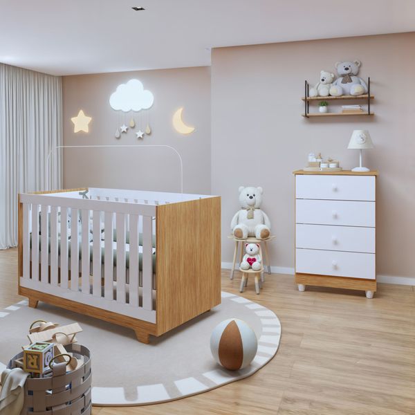 Quarto de Bebê 100% MDF com Berço Mini Cama Life e Cômoda Soft Life Branco/Madeirado Ypê