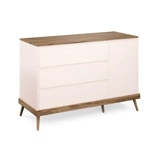 Cômoda Infantil Retrô 3 Gavetas 1 Porta Canção de Ninar Accesso Móbile Rosa com Amêndola Rústica