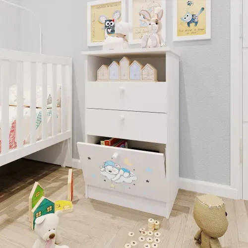 Cômoda Infantil 1 Porta 2 Gavetas 1 Nicho Estampada Kids Espresso Móveis Branco/Urso Azul