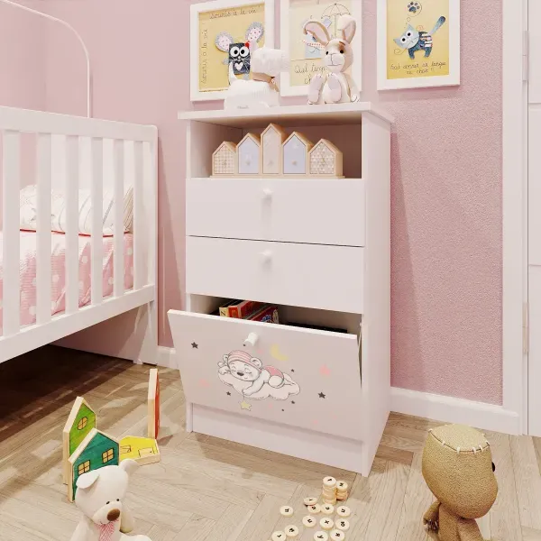Cômoda Infantil 1 Porta 2 Gavetas 1 Nicho Estampada Kids Espresso Móveis Branco/Urso Rosa