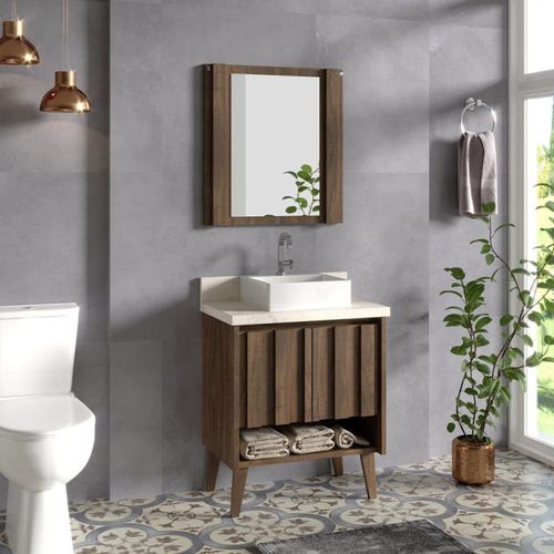 Gabinete para Banheiro 62cm com Cuba em Marmorite e Espelheira Ameixa/Atenna