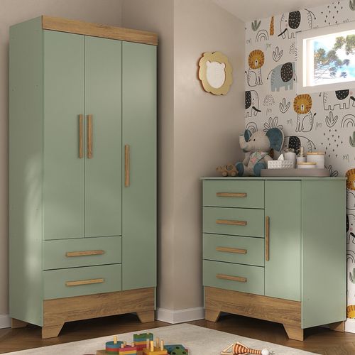 Quarto Infantil Completo Guarda Roupa 3 Portas 2 Gavetas com Cômoda Selene Espresso Móveis Verde Fosco/Nature