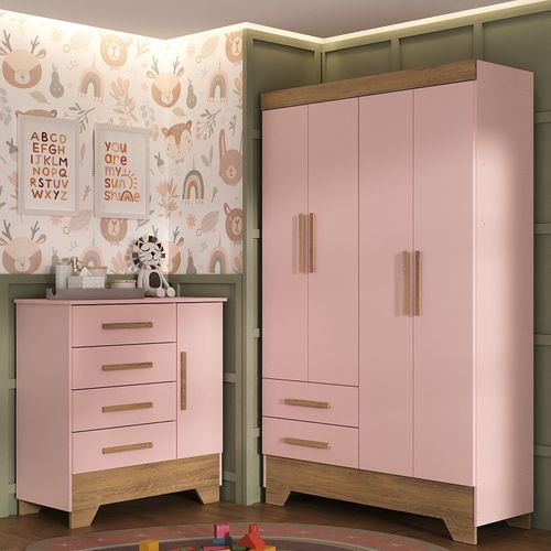 Quarto Infantil Completo Guarda Roupa 4 Portas 2 Gavetas com Cômoda Liz Rosa Fosco/Nature
