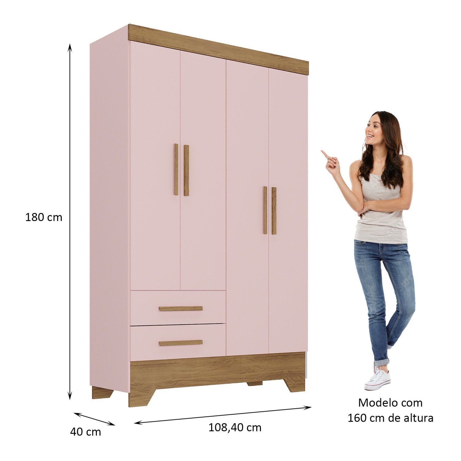 Quarto Infantil Completo Pérola Roupeiro e Cômoda 4 Gavetas Rose - CasaTema