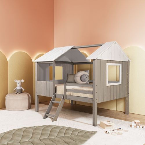Cama Casal Cabana em Madeira Maciça Teddi Cinza Rústico/Branco Rústico