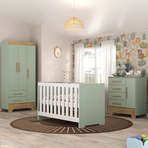 Quarto de Bebê Completo Guarda Roupa 3 Portas 2 Gavetas com Cômoda e Berço Lily Espresso Móveis Verde Fosco/Nature