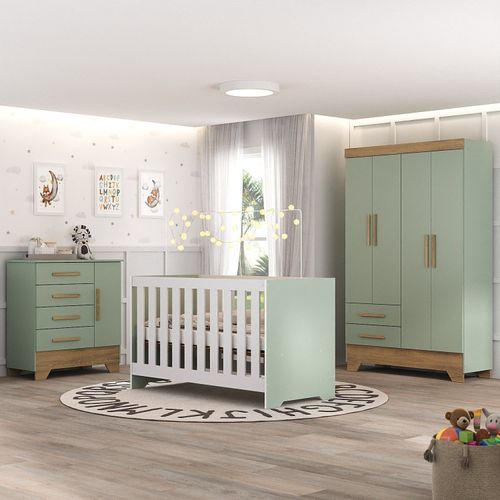 Quarto de Bebê Completo Guarda Roupa 4 Portas 2 Gavetas com Cômoda e Berço Lily Espresso Móveis Verde Fosco/Nature