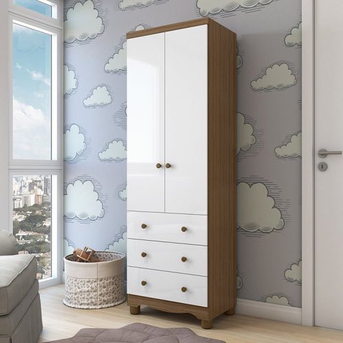 Guarda Roupa Infantil 2 Portas e 3 Gavetas 100% Mdf Mimo Branco Brilho/Carvalho