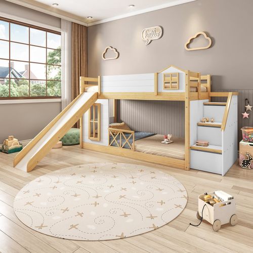 Beliche Infantil Montessoriana com Escada, Janela, Grade Proteção, Escorregador, Grade X Garden Branco/Natural