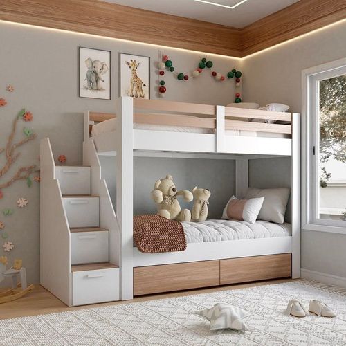 Beliche Infantil/Juvenil 2 Gavetões e Escada com 4 Nichos Star Plus Casatema Branc Branco/Montana