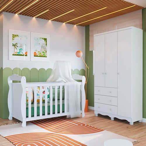 Quarto de Bebê com Guarda Roupa 3 Portas 3 Gavetas e Berço Mini Cama Nina 100% Mdf Espresso Móveis Branco Brilho