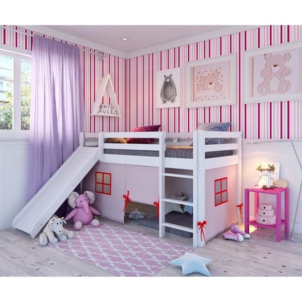Cama Alta Infantil com Escorregador e Tenda em Madeira Maciça/mdf Branco/Rosa