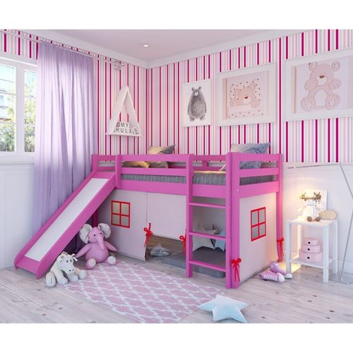Cama Alta Kids com Escorregador e Tenda em Madeira Maciça/mdf Rosa