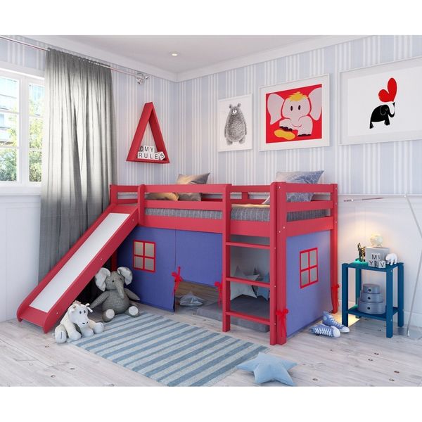 Cama Alta Infantil com Escorregador e Tenda em Madeira Maciça/mdff Vermelho/Azul