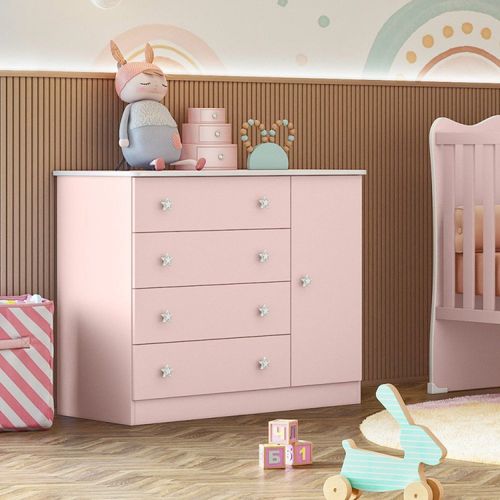 Cômoda Infantil 1 Porta 4 Gavetas Doce Sonho Rosa/Acetinado Rosa Acetinado
