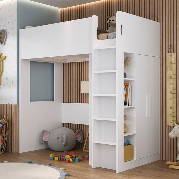 Cama Alta Infantil/Juvenil com Armário e Nichos Branco