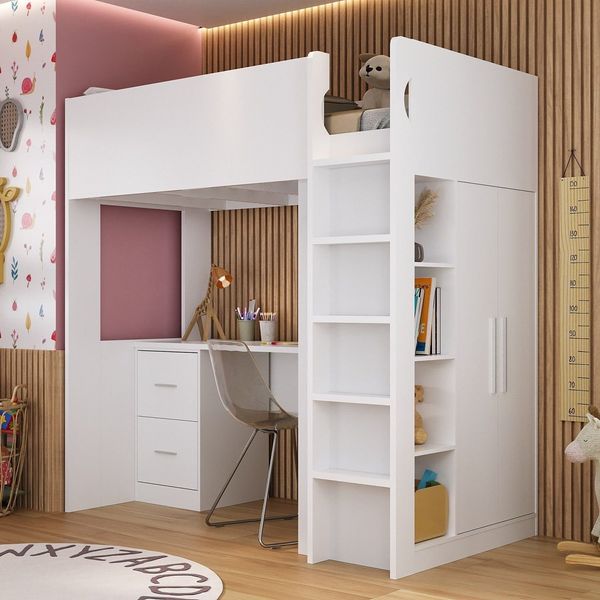 Cama Alta Infantil/Juvenil com Escrivaninha, Armário e Nichos Branco