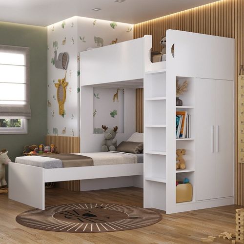 Beliche Infantil/Juvenil com Armário, Nichos e Mesa de Apoio Branco