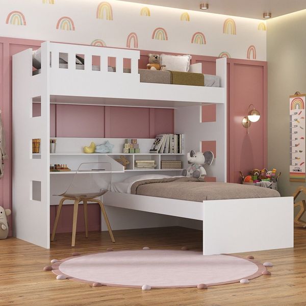 Beliche Infantil/Juvenil com Escrivaninha e Nichos Branco