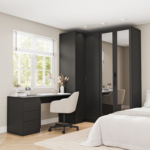 Guarda Roupa Modulado de Canto 3 Peças 4 Portas com 2 Portas Reflecta e Escrivaninha Hera Cabecasa M Preto
