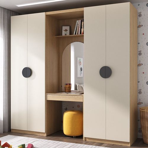 Guarda-Roupa Modulado Infantil 3 Peças 4 Portas com Espelho e LED Joy Kids CabeCasa MadeiraOriginals Cinza/Avena