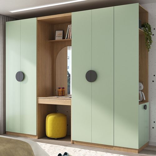 Conjunto Modulado Infantil 4 Peças 6 Portas Cabideiro, Penteadeira com Espelho, Nichos, Gavetas e Sa Verde/Avena