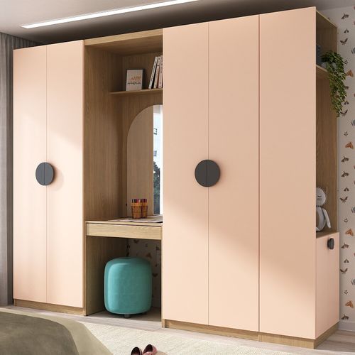 Conjunto Modulado Infantil 4 Peças 6 Portas Cabideiro, Penteadeira com Espelho, Nichos, Gavetas e Sa Salmão/Avena