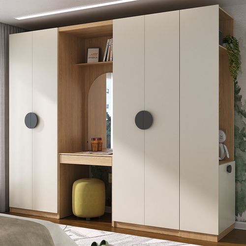 Conjunto Modulado Infantil 4 Peças 6 Portas Cabideiro, Penteadeira com Espelho, Nichos, Gavetas e Sa Cinza/Avena