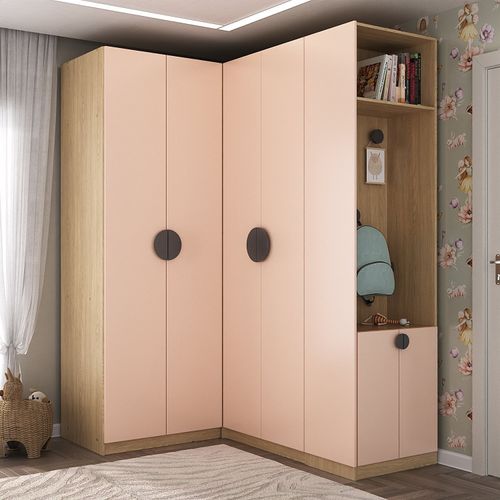 Conjunto Modulado Infantil de Canto 3 Peças 6 Portas Nicho com 2 Gavetas e Sapateira Joy Kids Cabeca Salmão/Avena