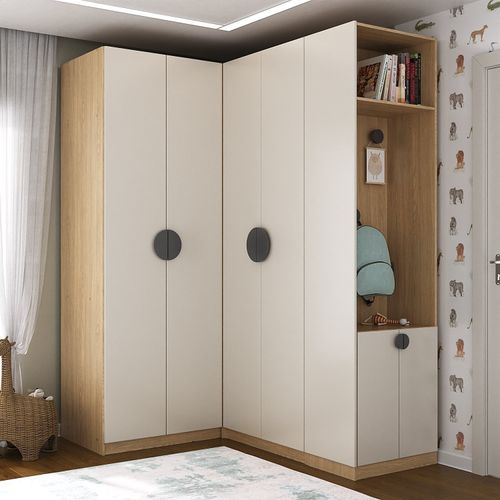 Conjunto Modulado Infantil de Canto 3 Peças 6 Portas Nicho com 2 Gavetas e Sapateira Joy Kids Cabeca Cinza/Avena