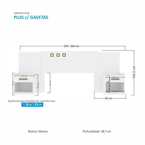 Cabeceira Casal Extensível com 2 Gavetas Plus Branco