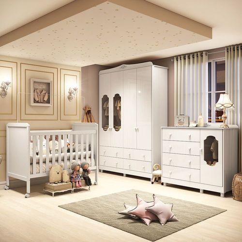 Quarto de Bebê Completo com Guarda Roupas, Cômoda e Berço Mateo Provençal 100% MDF Espresso Móveis Branco Brilho