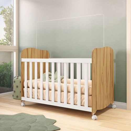 Berço Americano 100% Mdf com Rodízios Mimo Branco Brilho/Amêndoa