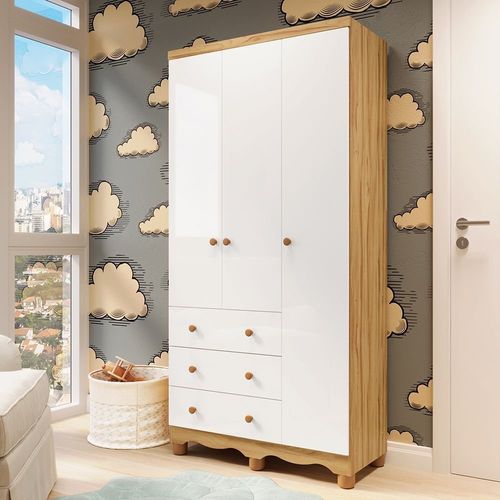 Guarda-roupa de Bebê 3 Portas e 3 Gavetas 100% Mdf Mimo Espresso Móveis Branco Brilho/Amêndoa