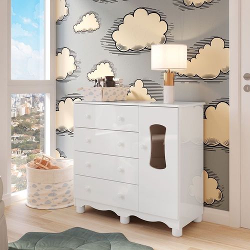 Cômoda Infantil 1 Porta com Janela e 4 Gavetas 100% MDFLana Espresso Móveis Branco Brilho