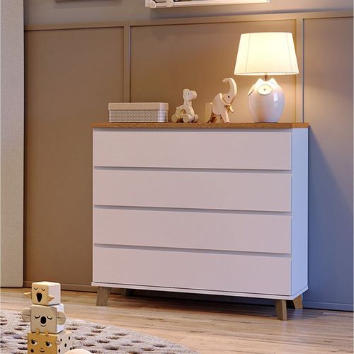 Cômoda Ninho 4 Gavetas, 100 Cm Tampo Madeira Branco/Mel