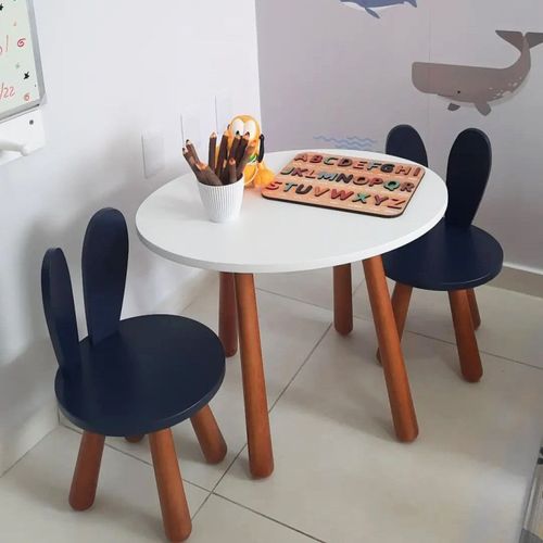Cadeira Infantil Orelhinha Coelho Mdf/madeira Maciça Azul Navy/Mel