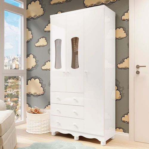 Guarda Roupa de Bebê 3 Portas com Janela e 3 Gavetas 100% MDF Lana Espresso Móveis Branco Brilho