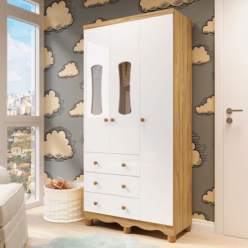 Guarda Roupa de Bebê 3 Portas com Janela e 3 Gavetas 100% MDF Lana Espresso Móveis Branco Brilho/Amêndoa