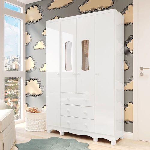 Guarda Roupa de Bebê 4 Portas com Janela e 3 Gavetas 100% MDF Lana Espresso Móveis Branco Brilho