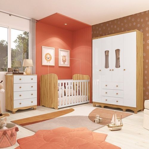Quarto de Bebê Completo Guarda Roupas 4 Portas Janeladas Cômoda com 4 Gavetas e Berço 100% Mdf Lana Branco Brilho/Amêndoa
