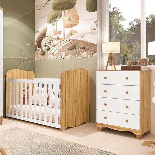 Quarto de Bebê com Cômoda 4 Gavetas e Berço Mimo 100% Mdf Branco Brilho/Amêndoa