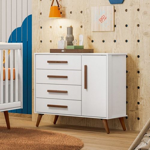Cômoda Sapateira 1 Porta com 4 Gavetas Q Encanto Retrô Branco/Acetinado Branco Acetinado
